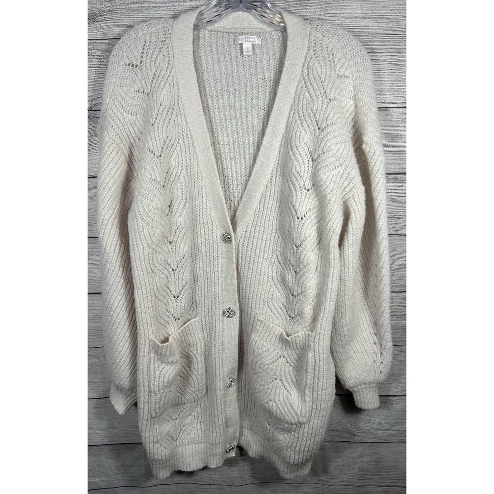 Lauren Conrad Ivory Long Cardigan Sweater Size L Rhinestone Buttons Pockets